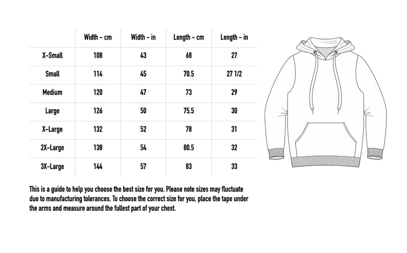 Size chart for Maiden Hoodie - Ink Blue